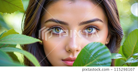 Beautiful young woman surrounded with green leaves while looking at camera. Portrait of beauty woman with makeup standing into nature Beautiful young woman surrounded with green leaves while looking at camera. Portrait of beauty woman with makeup standing into nature 115298107