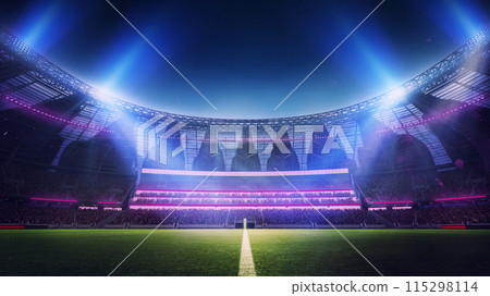 3D render of open air football empty stadium with neon illumination and blurred tribunes with fans and starry sky. Evening game 115298114