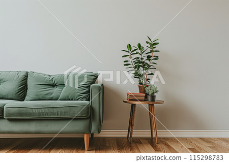 Minimalist living room with a clean and cozy aesthetic, featuring a green fabric sofa 115298783