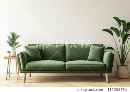 Minimalist living room with a clean and cozy aesthetic, featuring a green fabric sofa Minimalist living room with a clean and cozy aesthetic, featuring a green fabric sofa 115298784