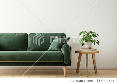 Minimalist living room with a clean and cozy aesthetic, featuring a green fabric sofa 115298785