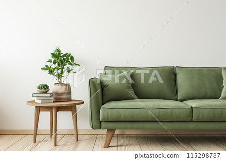 Minimalist living room with a clean and cozy aesthetic, featuring a green fabric sofa Minimalist living room with a clean and cozy aesthetic, featuring a green fabric sofa 115298787