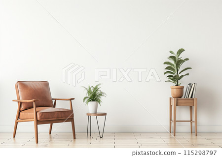 Minimalist living room with a clean and cozy aesthetic, featuring a brown leather armchair Minimalist living room with a clean and cozy aesthetic, featuring a brown leather armchair 115298797