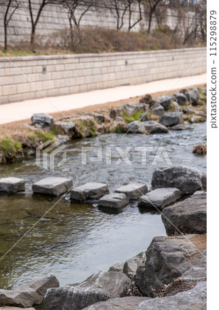 Cheonggyecheon stream, a modern public space in Seoul, South Korea, in beginning of spring. It transformed street to be environmentally sustainable and pedestrian oriented public space. 115298879