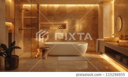 A luxurious bathroom designed as a personal spa, featuring marble countertops, a freestanding bathtub, soft lighting A luxurious bathroom designed as a personal spa, featuring marble countertops, a freestanding bathtub, soft lighting 115298935