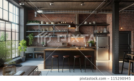 An industrial loft kitchen with exposed brick walls, metal accents, and rustic wooden elements. An industrial loft kitchen with exposed brick walls, metal accents, and rustic wooden elements. 115298945