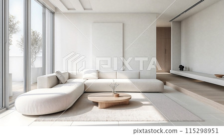 A modern minimalist living room with clean lines, neutral colors, and sleek furniture. Featuring large windows for natural light and a simple, elegant aesthetic. 115298951