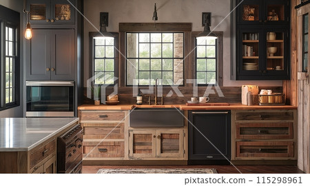 A rustic farmhouse kitchen with reclaimed wood cabinets, a large farmhouse sink, and vintage-style appliances. 115298961