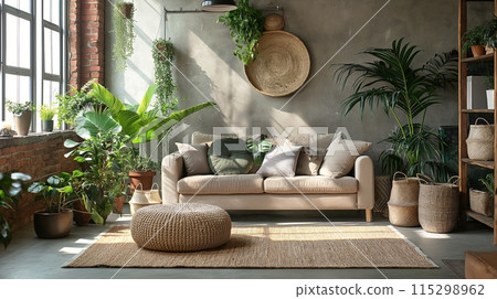 An urban jungle apartment filled with various indoor plants, modern furniture, and natural materials. Emphasize a relaxing, green living environment. 115298962