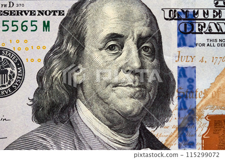 Close-up one hundred US dollar bill, top view point Close-up one hundred US dollar bill, top view point 115299072
