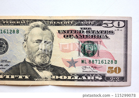 Close-up fifty US dollar bill, top view point 115299078