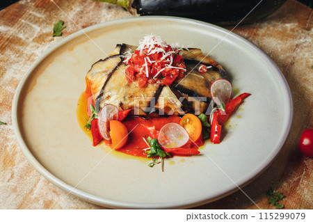 Eggplant Delicacy in Tomato Sauce With Fresh Cheese 115299079