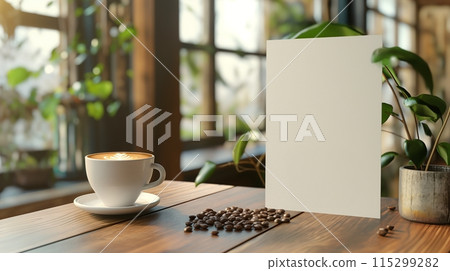 Close-up of coffee cup and coffee beans on Empty brown wooden table and Coffee shop interior with Mock-up Menu frame 115299282