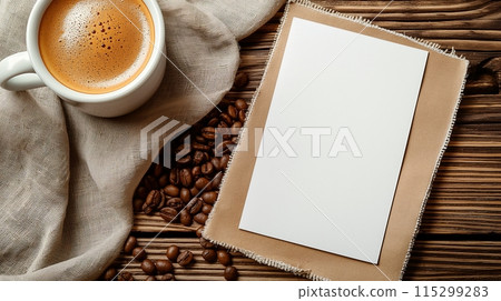 Close-up of coffee cup and coffee beans on Empty brown wooden table and Coffee shop interior with Mock-up Menu frame 115299283