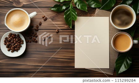 Close-up of coffee cup and coffee beans on Empty brown wooden table and Coffee shop interior with Mock-up Menu frame Close-up of coffee cup and coffee beans on Empty brown wooden table and Coffee shop interior with Mock-up Menu frame 115299284