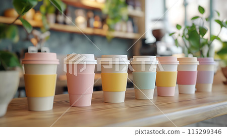 A trendy pastel colors coffee cup mock-up featuring different cup sizes. perfect for cafes and promotional materials. A trendy pastel colors coffee cup mock-up featuring different cup sizes. perfect for cafes and promotional materials. 115299346