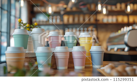 A trendy pastel colors coffee cup mock-up featuring different cup sizes. perfect for cafes and promotional materials. A trendy pastel colors coffee cup mock-up featuring different cup sizes. perfect for cafes and promotional materials. 115299351