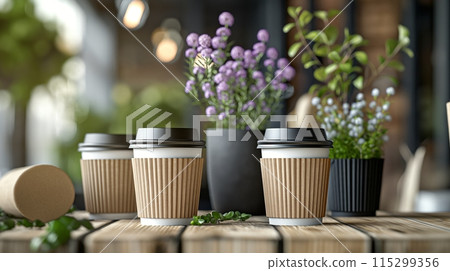 A trendy coffee cup mock-up featuring different cup sizes. perfect for cafes and promotional materials. 115299356