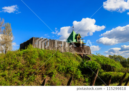 Cossack wooden-earthen fortress of 16-18 centuries in Open-air Museum of Folk Architecture and Folkways of Middle Naddnipryanschina in Pereyaslav, Ukraine Cossack wooden-earthen fortress of 16-18 centuries in Open-air Museum of Folk Architecture and Folkways of Middle Naddnipryanschina in Pereyaslav, Ukraine 115299818