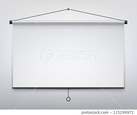 Projection screen. Empty white projection screen on wall, blank hanging presentation board, realistic whiteboard for conference and advertising project. Vector 3d mockup. Projection screen. Empty white projection screen on wall, blank hanging presentation board, realistic whiteboard for conference and advertising project. Vector 3d mockup. 115299972
