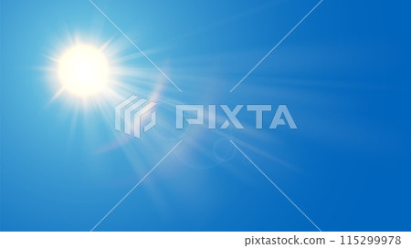 Sun in blue sky. Bright warm sun and lens flare in clear summer sky, sunlight with sunshine glare rays. Vector nature sunny spring landscape, bright sparkle burst. 115299978