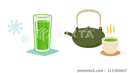 Cold green juice in a glass and hot green juice in a teacup Cold green juice in a glass and hot green juice in a teacup 115300007