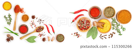 mix of spices in wooden spoon isolated on a white background with copy space for your text. Top view. Flat lay. Set or collection mix of spices in wooden spoon isolated on a white background with copy space for your text. Top view. Flat lay. Set or collection 115300266