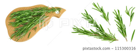 Rosemary twig and leaves on a wooden board isolated on white background Rosemary twig and leaves on a wooden board isolated on white background 115300316