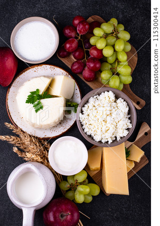 Judaic holiday Shavuot concept. Tzfat cheese and dairy products Judaic holiday Shavuot concept. Tzfat cheese and dairy products 115300414