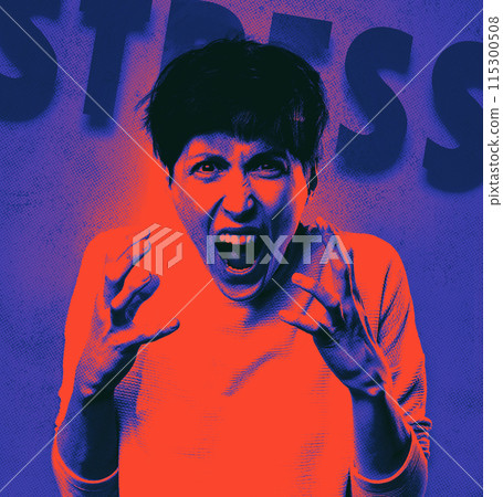 Fury. Frustrated and angry woman screaming. Modern art collage, design. Fury. Frustrated and angry woman screaming. Modern art collage, design. 115300508