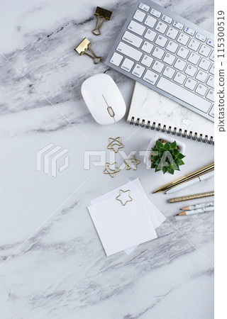 Top view work desk office workspace Top view work desk office workspace 115300519