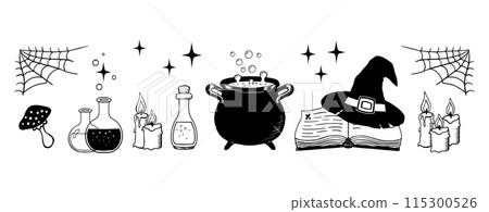 Witchcraft horizontal border. Mystic magical hand drawn ink elements. Witch cauldron, hat, books and other design elements for Halloween. Sketch style. Vector illustration 115300526