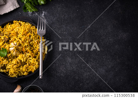 Pilaf, rice with vegetables and lamb meat Pilaf, rice with vegetables and lamb meat 115300538