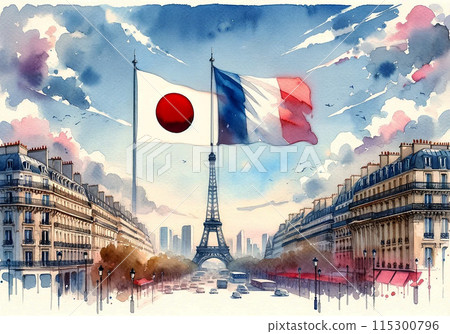 巴黎天空中的日本國旗與三色旗_水彩 115300796