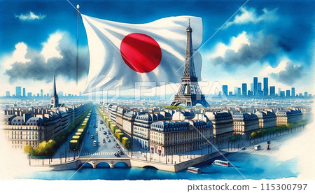 巴黎天空中的日本國旗_水彩 115300797