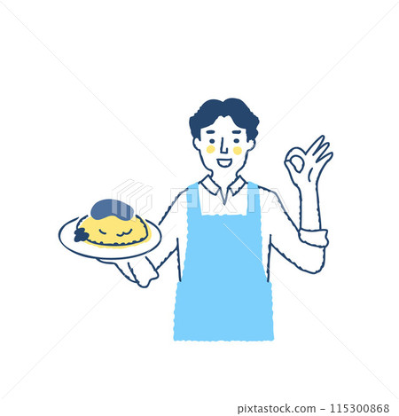 一個穿著圍裙的男人拿著煎蛋飯 一個穿著圍裙的男人拿著煎蛋飯 115300868