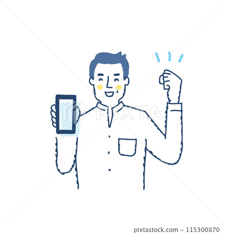 微笑的男人拿著智慧型手機，握拳 115300870