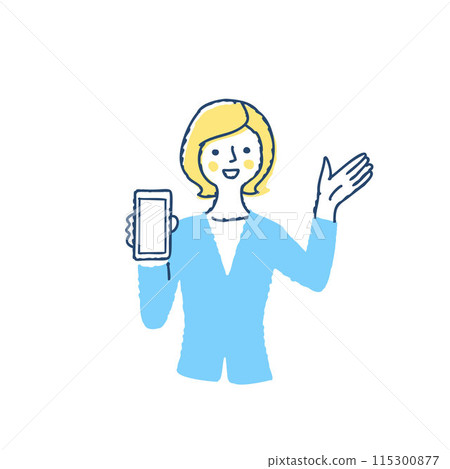 A woman showing a smartphone screen and explaining 115300877