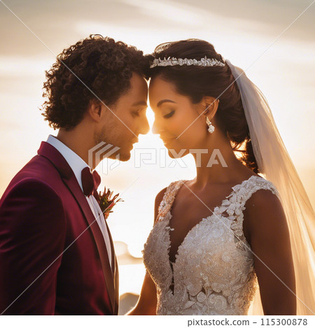 Bride and groom in the setting sun Bride and groom in the setting sun 115300878