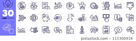 Graph chart, Payment click and Document line icons pack. Report document, Card, Manager web icon. Dollar exchange, Target, Bitcoin coin pictogram. Trade chart, Clipboard, Wallet. Vector 115300916
