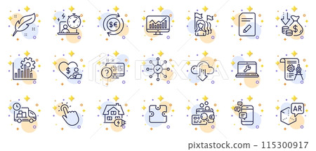 Outline set of Divider document, Home charging and Edit document line icons for web app. Include Money currency, Feather, Feminism pictogram icons. Laptop repair, Survey check. Vector 115300917