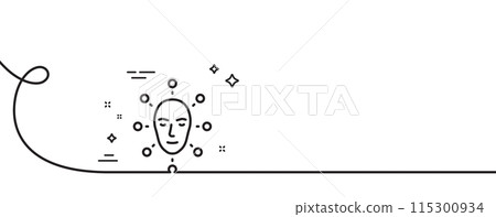 Face biometrics line icon. Continuous one line with curl. Facial recognition sign. Head scanning symbol. Face biometrics single outline ribbon. Loop curve pattern. Vector 115300934