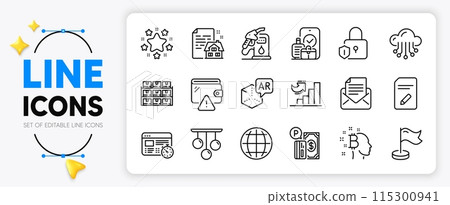 Globe, Parking payment and Augmented reality line icons set for app include Edit document, Stars, Petrol station outline thin icon. Cloud storage, Boxes shelf, Growth chart pictogram icon. Vector 115300941