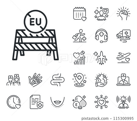 Coronavirus Covid-19 pandemic sign. Online doctor, patient and medicine outline icons. EU close borders line icon. Travel restrictions symbol. EU close borders line sign. Vector Coronavirus Covid-19 pandemic sign. Online doctor, patient and medicine outline icons. EU close borders line icon. Travel restrictions symbol. EU close borders line sign. Vector 115300995