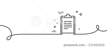 Clipboard document line icon. Continuous one line with curl. Agreement file sign. Survey record symbol. Clipboard single outline ribbon. Loop curve pattern. Vector Clipboard document line icon. Continuous one line with curl. Agreement file sign. Survey record symbol. Clipboard single outline ribbon. Loop curve pattern. Vector 115301010