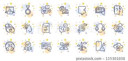 Outline set of Phone warning, Medal and Idea line icons for web app. Include Workflow, Online question, Technical documentation pictogram icons. Ask question, Windmill turbine. Vector 115301038