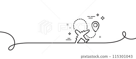 Airplane line icon. Continuous one line with curl. Plane flight transport sign. Aircraft symbol. Airplane single outline ribbon. Loop curve pattern. Vector 115301043