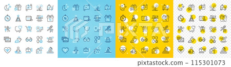 Vector icons set of Handbag size, Sale gift and Ship travel line icons pack for web with Accounting, Christmas tree, Fireworks rocket outline icon. Balloon dart, Honeymoon cruise. Vector 115301073