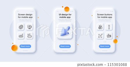 Vegetables, Cooking spoon and Champagne glass line icons pack. 3d phone mockups with cursor. Glass smartphone screen. Pecan nut, Orange juice, Grill pan web icon. Vector Vegetables, Cooking spoon and Champagne glass line icons pack. 3d phone mockups with cursor. Glass smartphone screen. Pecan nut, Orange juice, Grill pan web icon. Vector 115301088
