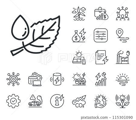 Nature plant dew sign. Energy, Co2 exhaust and solar panel outline icons. Mint leaf with water drop line icon. Environmental care symbol. Leaf dew line sign. Eco electric or wind power icon. Vector Nature plant dew sign. Energy, Co2 exhaust and solar panel outline icons. Mint leaf with water drop line icon. Environmental care symbol. Leaf dew line sign. Eco electric or wind power icon. Vector 115301090